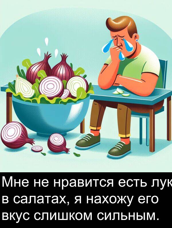 есть: Мне не нравится есть лук в салатах, я нахожу его вкус слишком сильным.