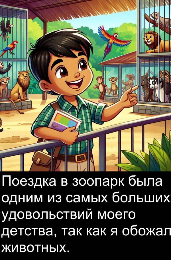 животных: Поездка в зоопарк была одним из самых больших удовольствий моего детства, так как я обожал животных.