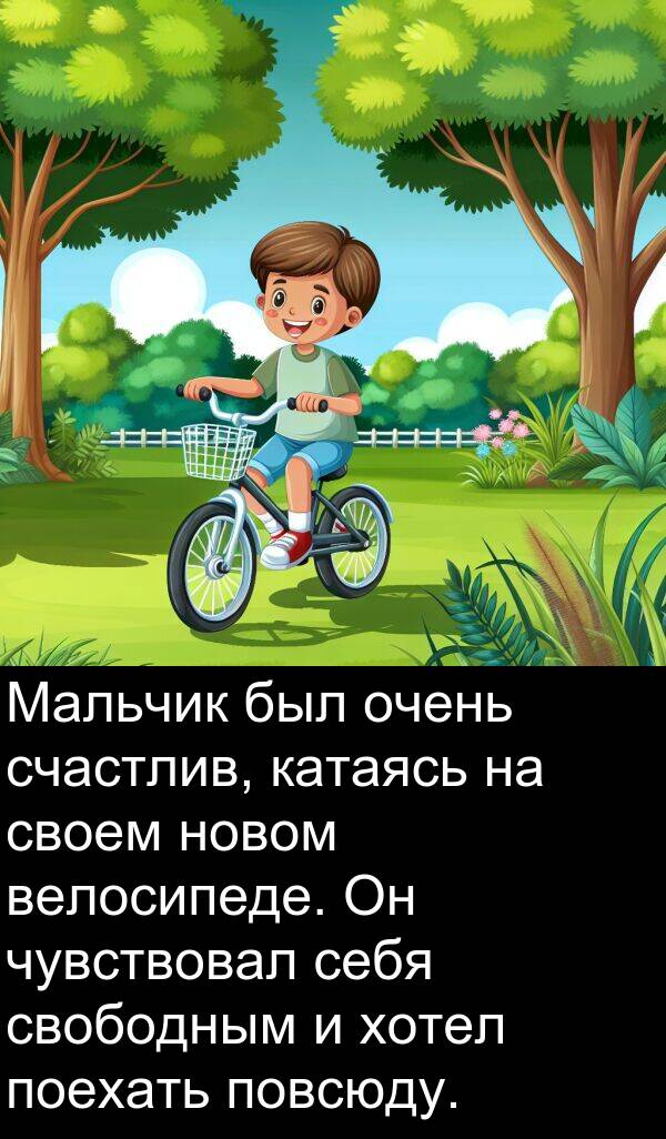 свободным: Мальчик был очень счастлив, катаясь на своем новом велосипеде. Он чувствовал себя свободным и хотел поехать повсюду.