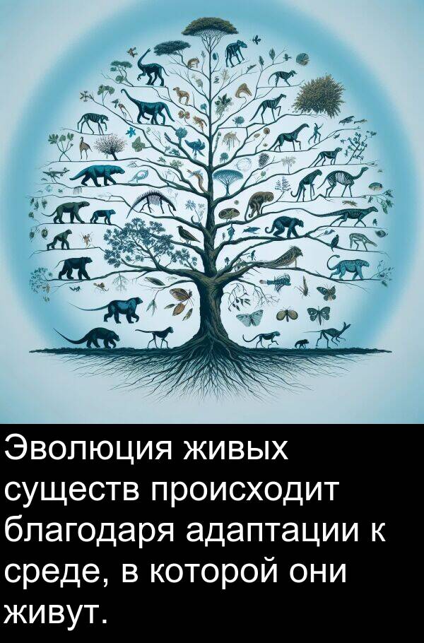происходит: Эволюция живых существ происходит благодаря адаптации к среде, в которой они живут.