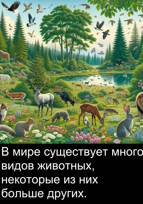 существует: В мире существует много видов животных, некоторые из них больше других.