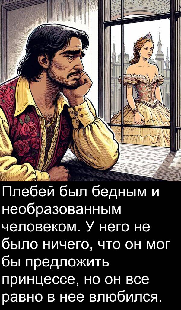 принцессе: Плебей был бедным и необразованным человеком. У него не было ничего, что он мог бы предложить принцессе, но он все равно в нее влюбился.