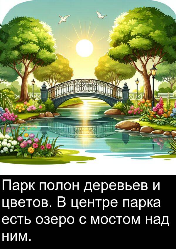 полон: Парк полон деревьев и цветов. В центре парка есть озеро с мостом над ним.