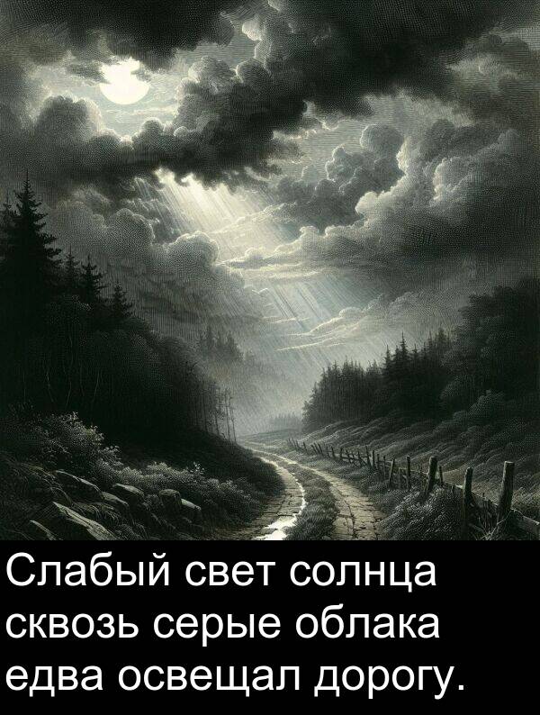 свет: Слабый свет солнца сквозь серые облака едва освещал дорогу.