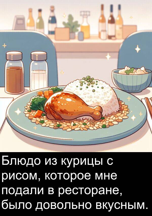 которое: Блюдо из курицы с рисом, которое мне подали в ресторане, было довольно вкусным.