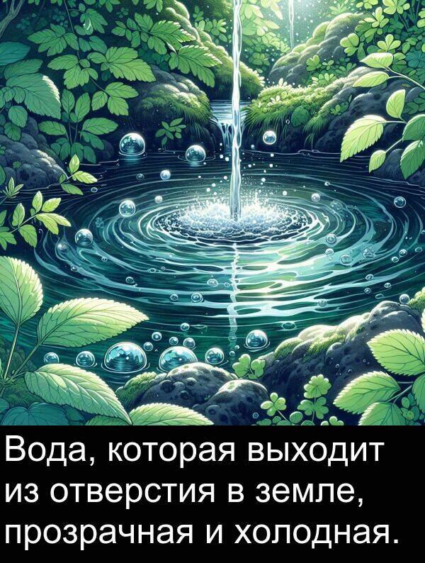 прозрачная: Вода, которая выходит из отверстия в земле, прозрачная и холодная.
