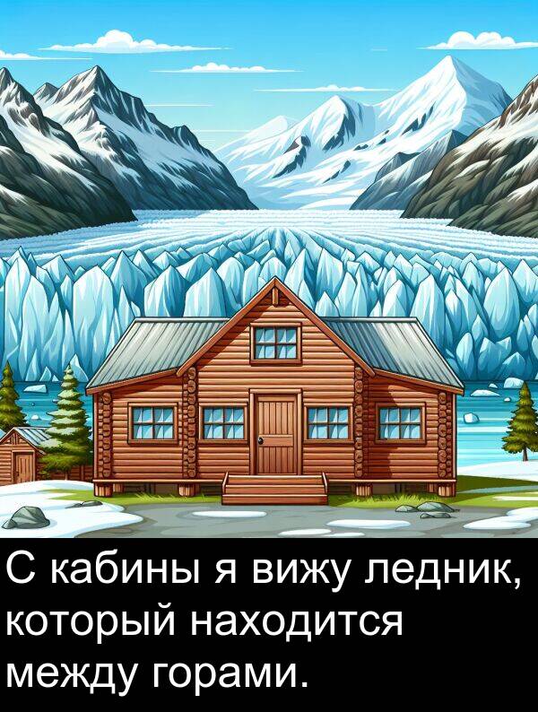 который: С кабины я вижу ледник, который находится между горами.