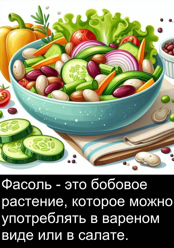 употреблять: Фасоль - это бобовое растение, которое можно употреблять в вареном виде или в салате.