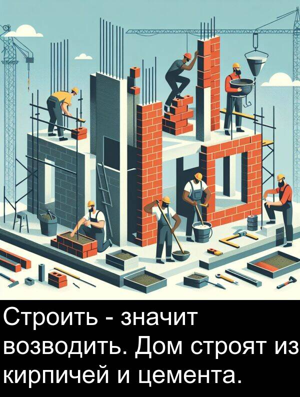 кирпичей: Строить - значит возводить. Дом строят из кирпичей и цемента.