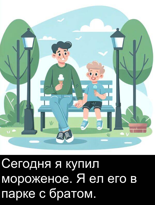 парке: Сегодня я купил мороженое. Я ел его в парке с братом.