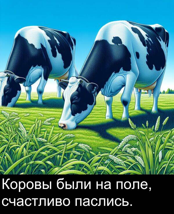 счастливо: Коровы были на поле, счастливо паслись.