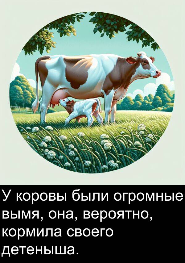 кормила: У коровы были огромные вымя, она, вероятно, кормила своего детеныша.