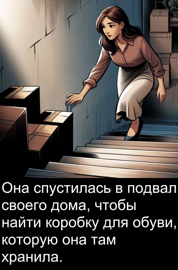 коробку: Она спустилась в подвал своего дома, чтобы найти коробку для обуви, которую она там хранила.