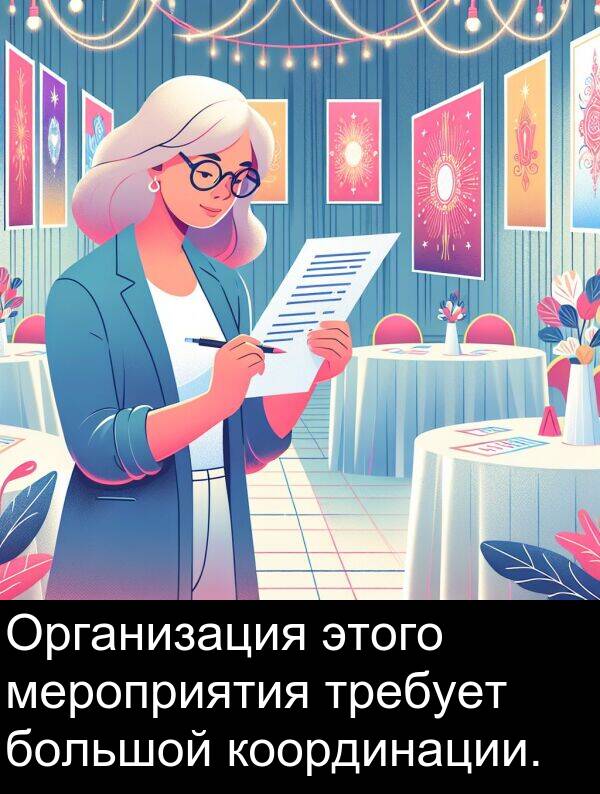 координации: Организация этого мероприятия требует большой координации.