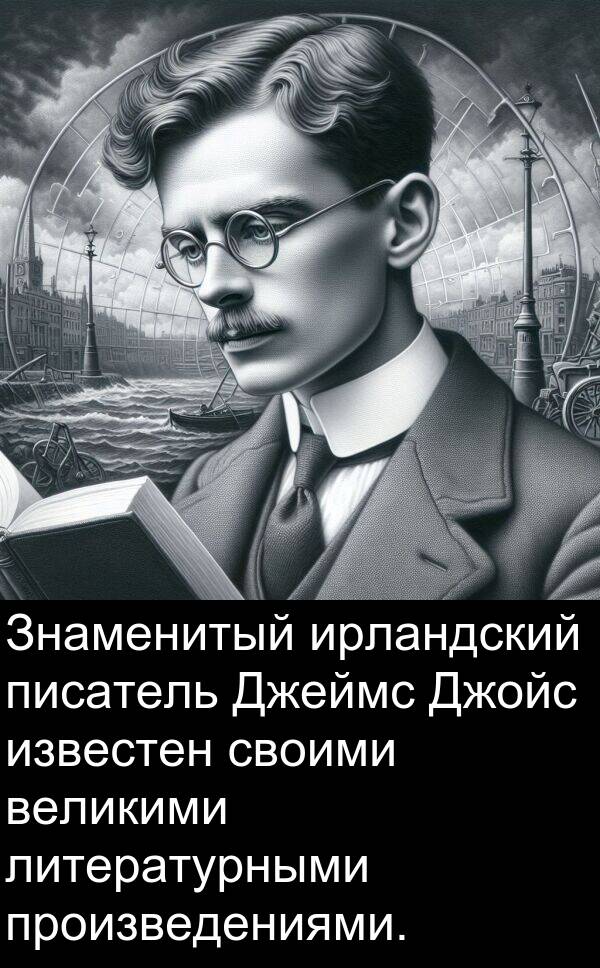 произведениями: Знаменитый ирландский писатель Джеймс Джойс известен своими великими литературными произведениями.