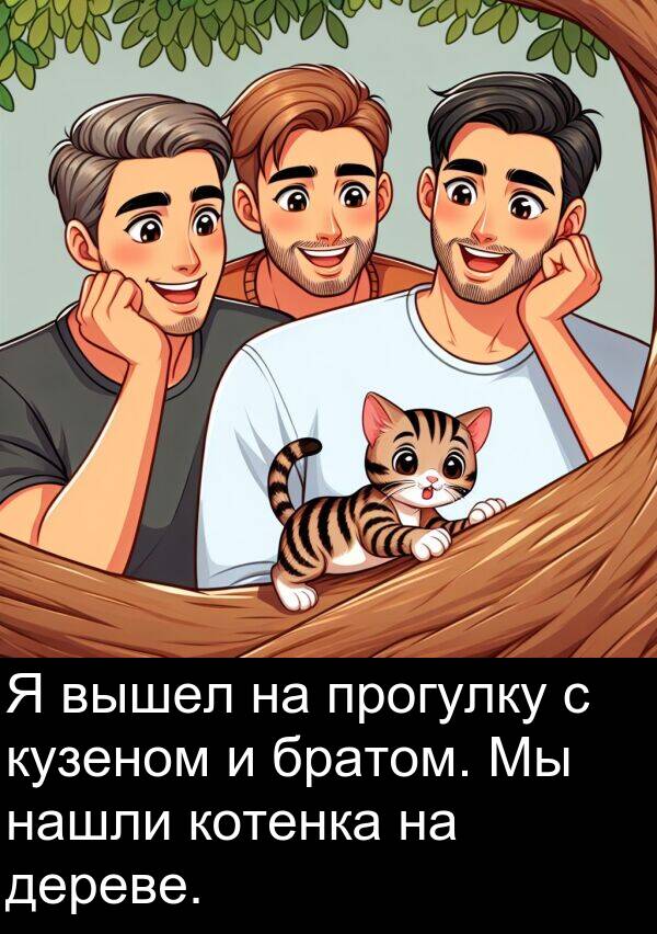 прогулку: Я вышел на прогулку с кузеном и братом. Мы нашли котенка на дереве.