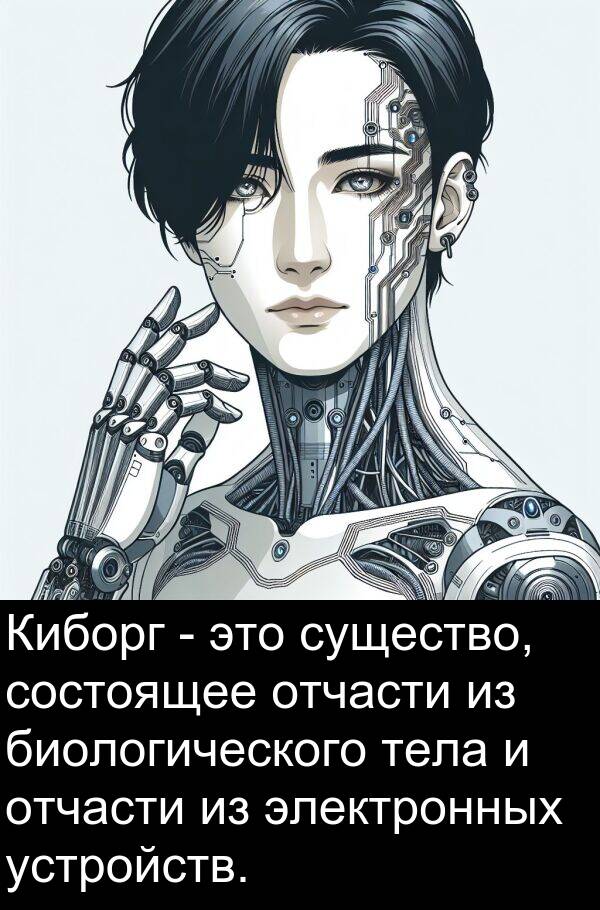 устройств: Киборг - это существо, состоящее отчасти из биологического тела и отчасти из электронных устройств.