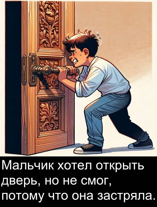 потому: Мальчик хотел открыть дверь, но не смог, потому что она застряла.