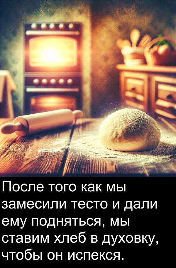 ставим: После того как мы замесили тесто и дали ему подняться, мы ставим хлеб в духовку, чтобы он испекся.