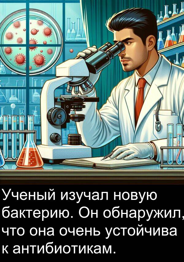 устойчива: Ученый изучал новую бактерию. Он обнаружил, что она очень устойчива к антибиотикам.