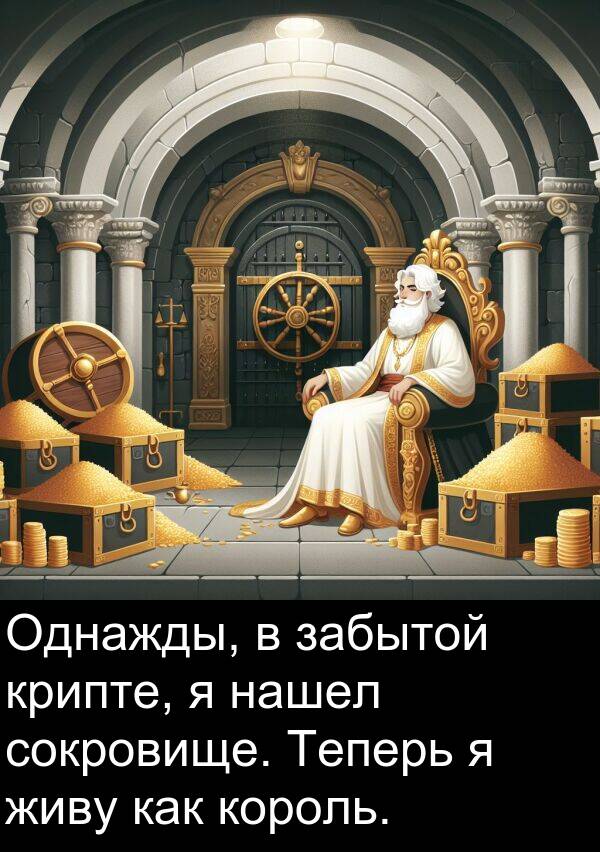 король: Однажды, в забытой крипте, я нашел сокровище. Теперь я живу как король.