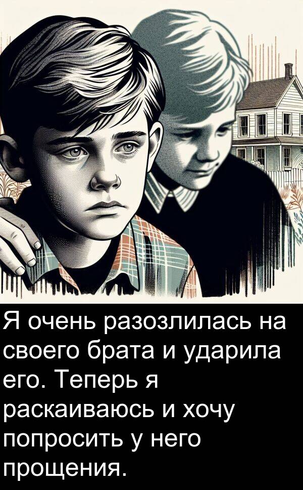 прощения: Я очень разозлилась на своего брата и ударила его. Теперь я раскаиваюсь и хочу попросить у него прощения.