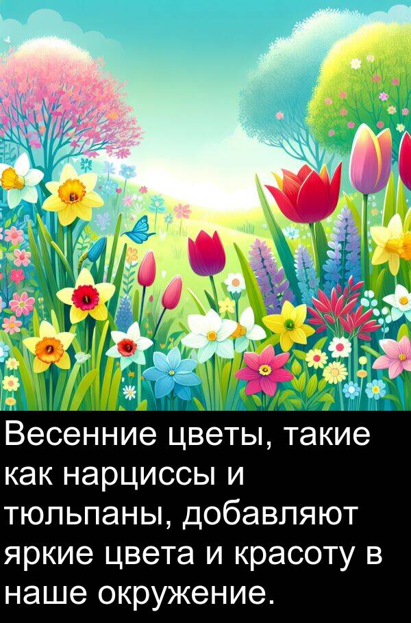 красоту: Весенние цветы, такие как нарциссы и тюльпаны, добавляют яркие цвета и красоту в наше окружение.