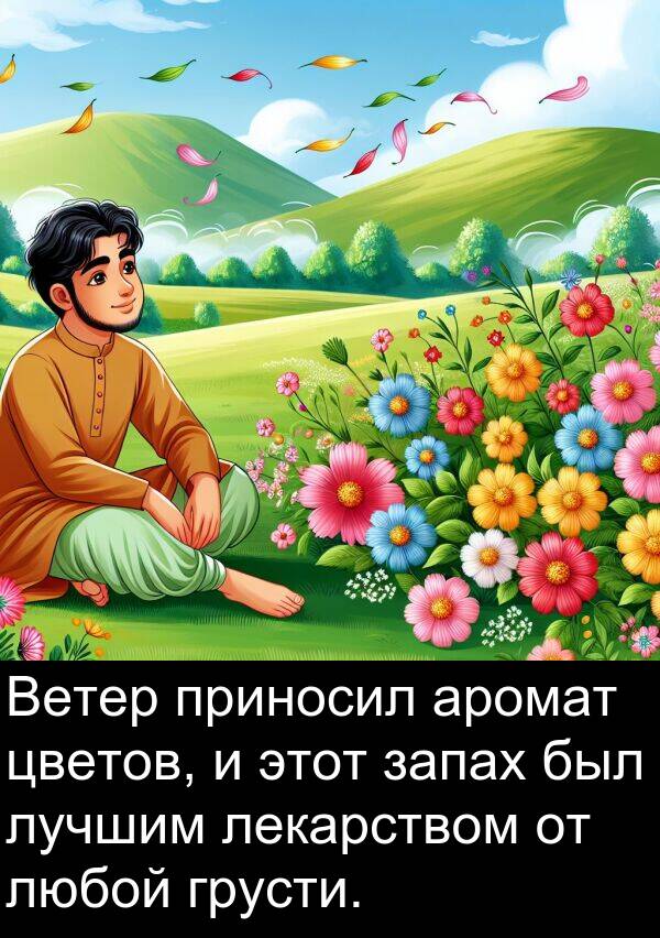 приносил: Ветер приносил аромат цветов, и этот запах был лучшим лекарством от любой грусти.