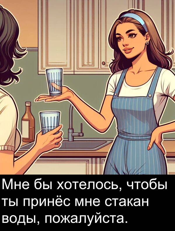 принёс: Мне бы хотелось, чтобы ты принёс мне стакан воды, пожалуйста.