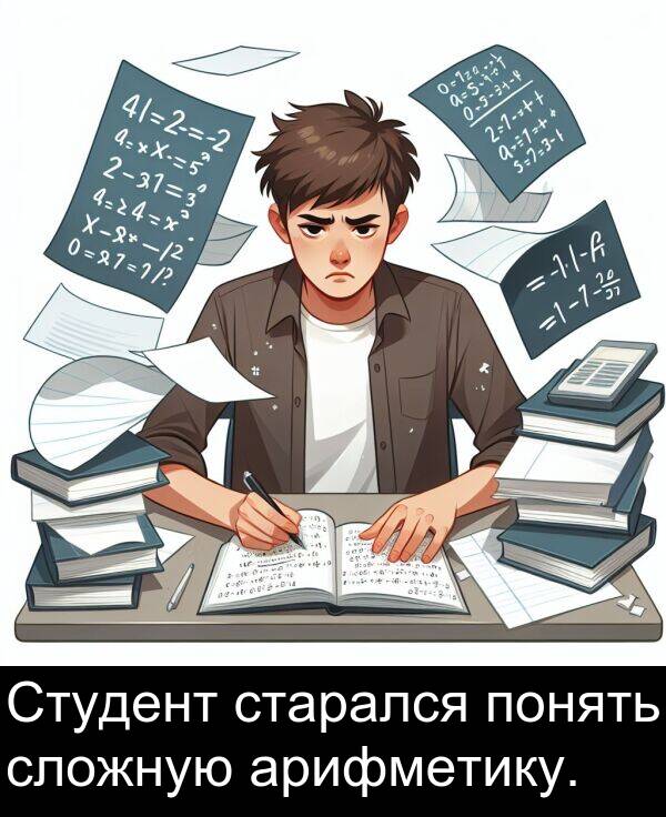 старался: Студент старался понять сложную арифметику.