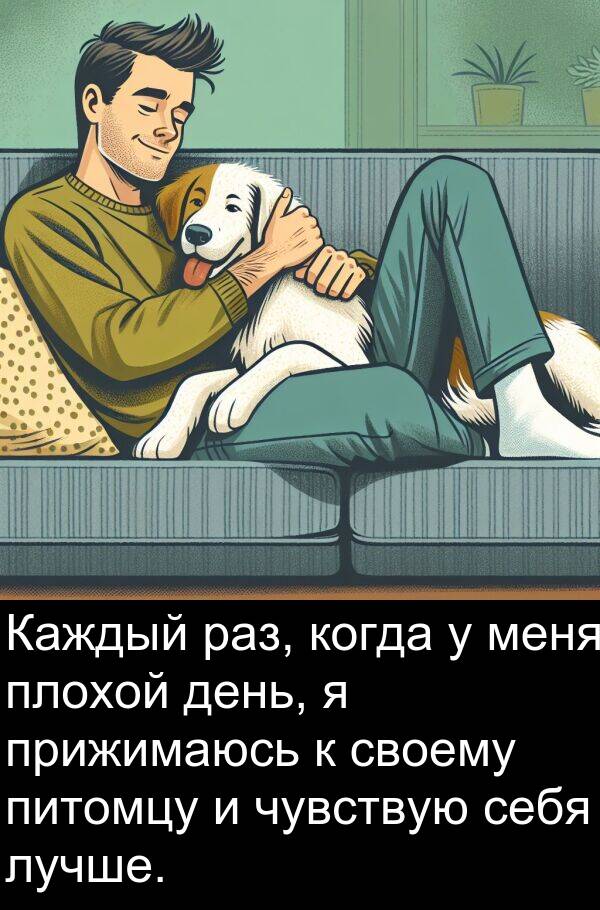 своему: Каждый раз, когда у меня плохой день, я прижимаюсь к своему питомцу и чувствую себя лучше.