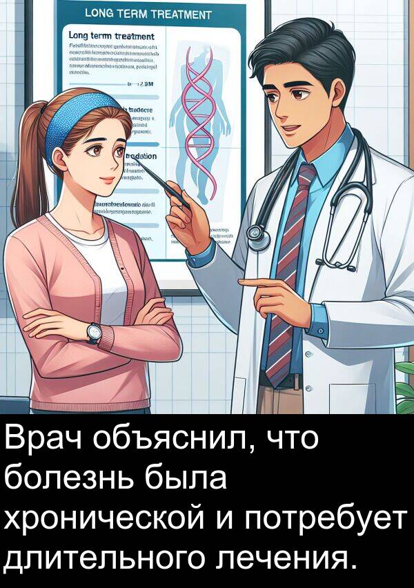 потребует: Врач объяснил, что болезнь была хронической и потребует длительного лечения.