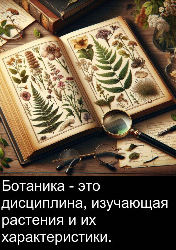 характеристики: Ботаника - это дисциплина, изучающая растения и их характеристики.