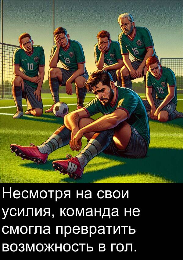 команда: Несмотря на свои усилия, команда не смогла превратить возможность в гол.