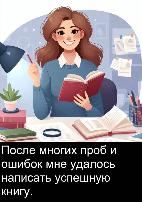 книгу: После многих проб и ошибок мне удалось написать успешную книгу.