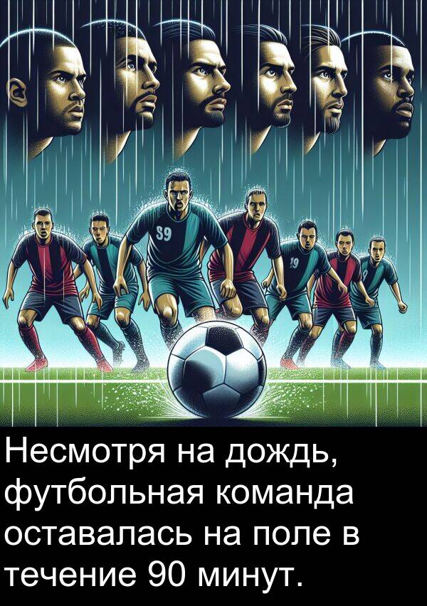 команда: Несмотря на дождь, футбольная команда оставалась на поле в течение 90 минут.