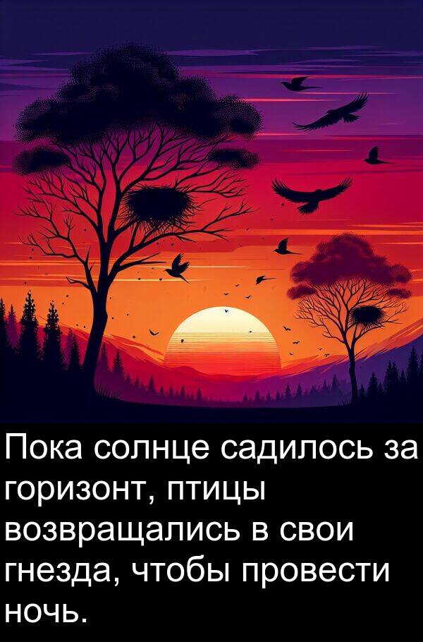 провести: Пока солнце садилось за горизонт, птицы возвращались в свои гнезда, чтобы провести ночь.