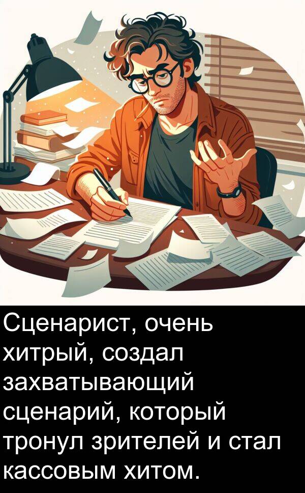 стал: Сценарист, очень хитрый, создал захватывающий сценарий, который тронул зрителей и стал кассовым хитом.