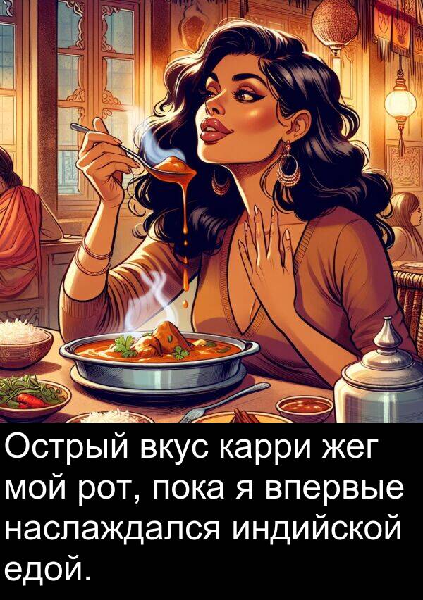 едой: Острый вкус карри жег мой рот, пока я впервые наслаждался индийской едой.