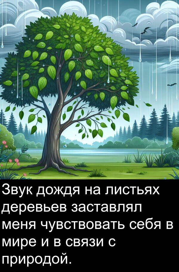 листьях: Звук дождя на листьях деревьев заставлял меня чувствовать себя в мире и в связи с природой.