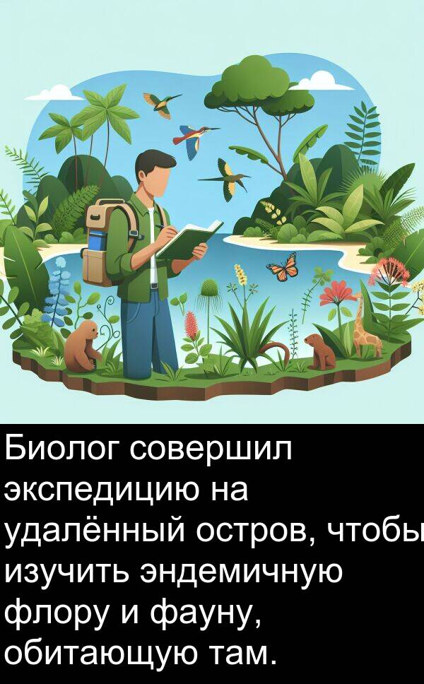 изучить: Биолог совершил экспедицию на удалённый остров, чтобы изучить эндемичную флору и фауну, обитающую там.