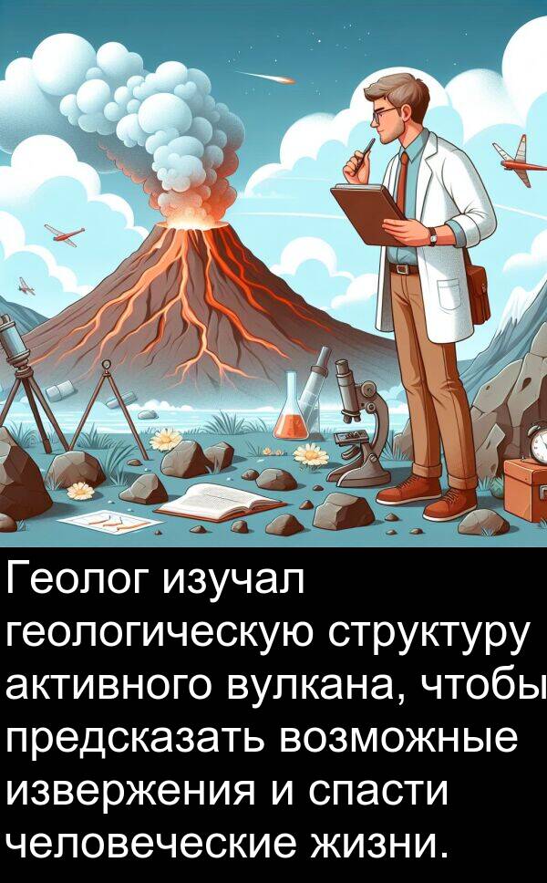 структуру: Геолог изучал геологическую структуру активного вулкана, чтобы предсказать возможные извержения и спасти человеческие жизни.