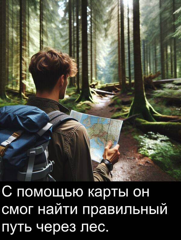 путь: С помощью карты он смог найти правильный путь через лес.