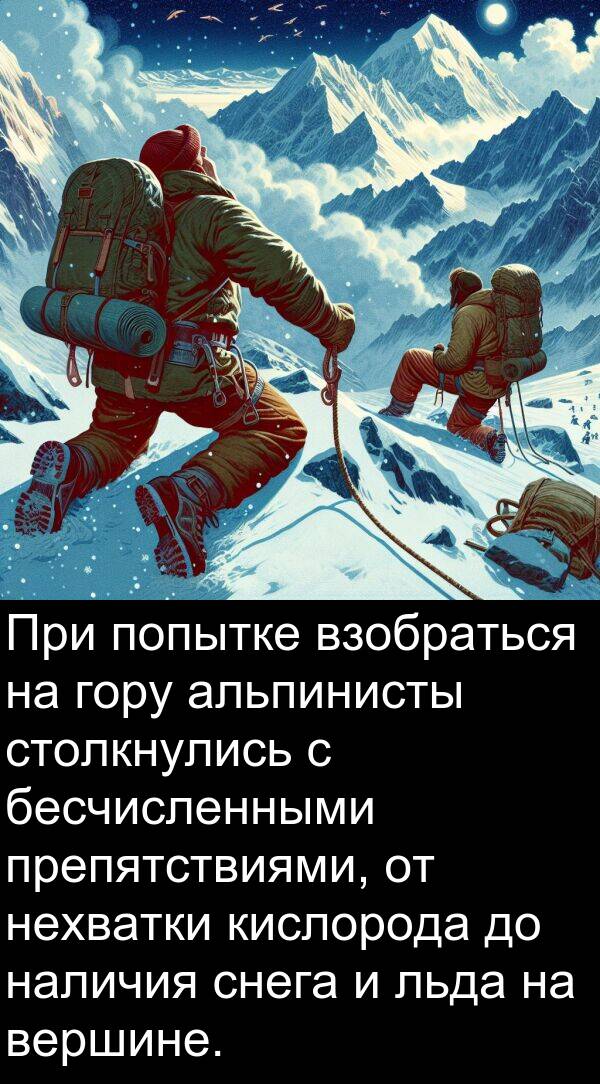 кислорода: При попытке взобраться на гору альпинисты столкнулись с бесчисленными препятствиями, от нехватки кислорода до наличия снега и льда на вершине.