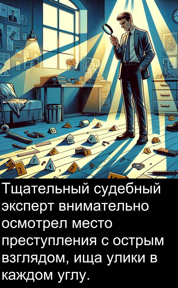 преступления: Тщательный судебный эксперт внимательно осмотрел место преступления с острым взглядом, ища улики в каждом углу.