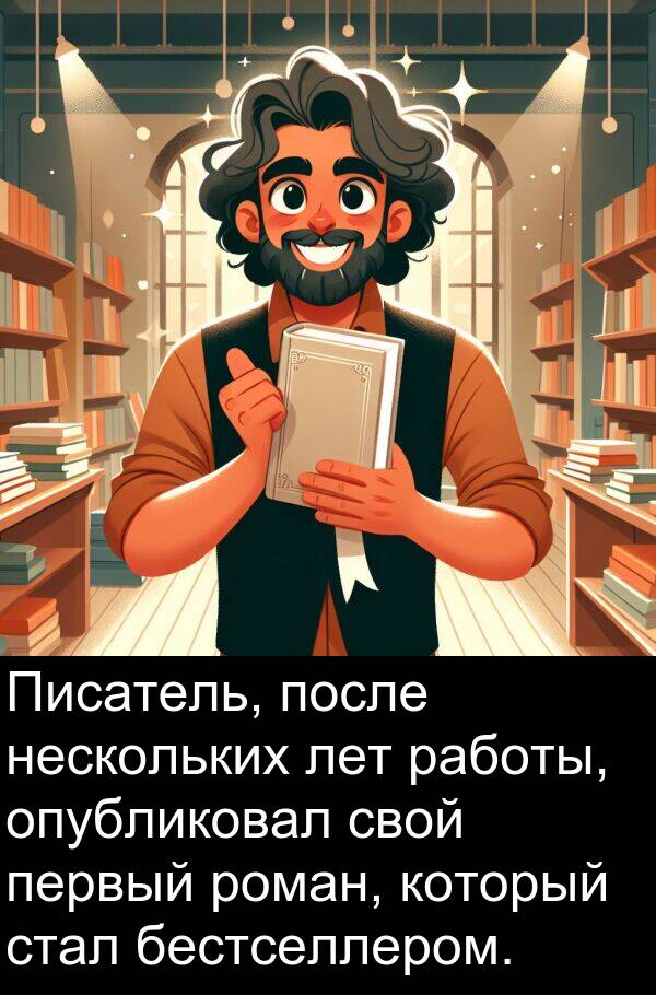 стал: Писатель, после нескольких лет работы, опубликовал свой первый роман, который стал бестселлером.
