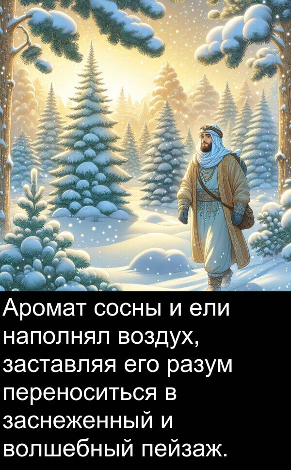 сосны: Аромат сосны и ели наполнял воздух, заставляя его разум переноситься в заснеженный и волшебный пейзаж.