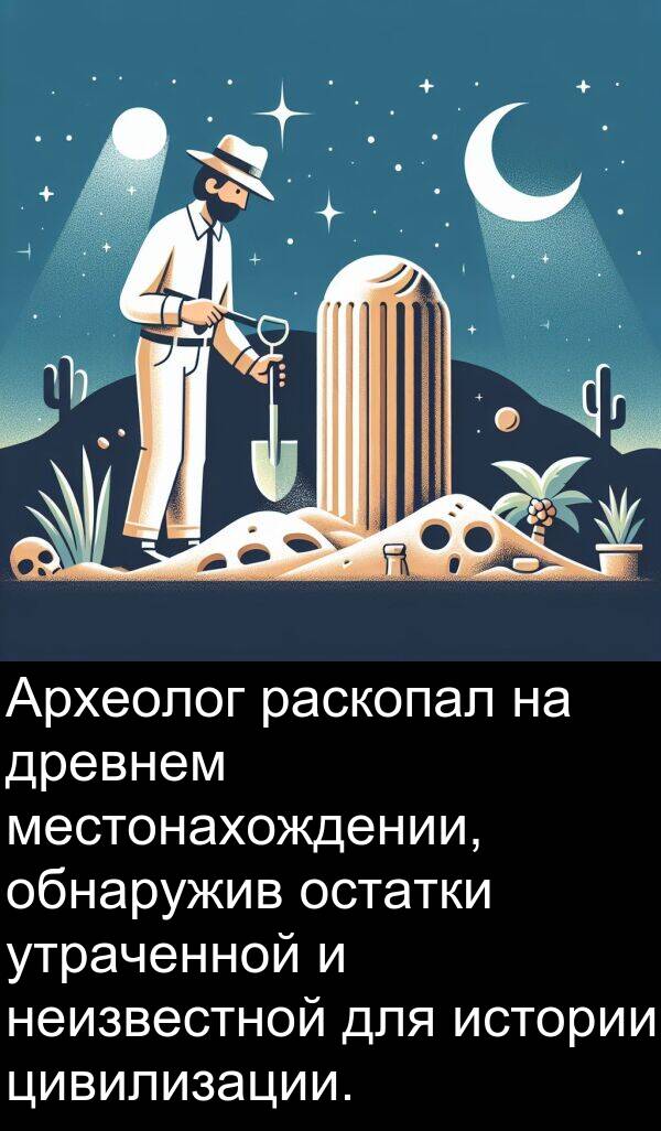 утраченной: Археолог раскопал на древнем местонахождении, обнаружив остатки утраченной и неизвестной для истории цивилизации.