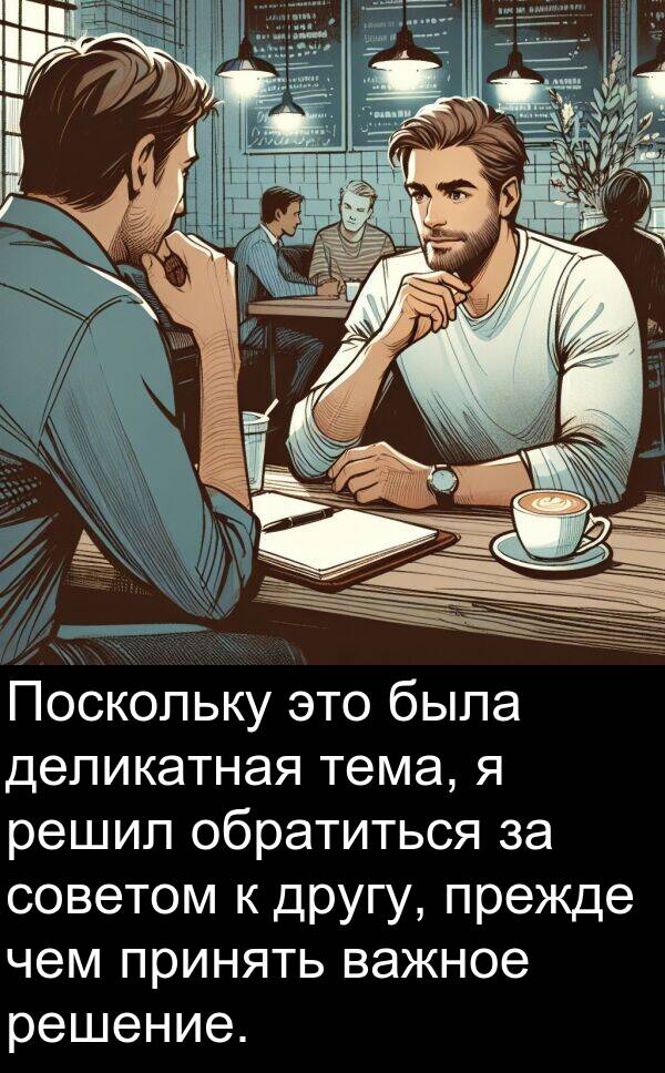 принять: Поскольку это была деликатная тема, я решил обратиться за советом к другу, прежде чем принять важное решение.