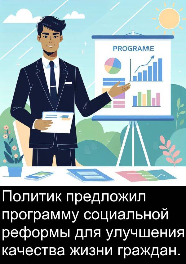 программу: Политик предложил программу социальной реформы для улучшения качества жизни граждан.